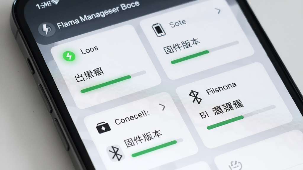 Flamma Manager�����豸״̬��ؽ��棬����Ϊ�ֻ���Ļ��ʾ�豸�������̼��汾�������ź�ǿ�ȵ�״̬��Ϣ������Ϊ��Ƭʽ��Ϣ��壬���������ϸ�ڰ�����ɫ����ָʾ�ơ���������ͼ���ʶ�������������ɾ����޶���Ԫ��