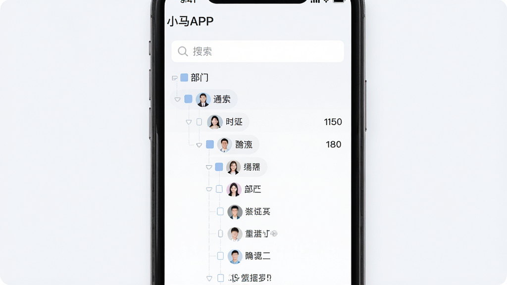 С��APP��ҵͨѶ¼ҳ�棬����Ϊ�ֻ���Ļչʾ������״�б��������������У��Ű�����������ˬǳɫ��ϸ�ڰ����������ơ�Ա��ͷ�������򣬻��ʸ��壬�ɾ����޶���Ԫ��