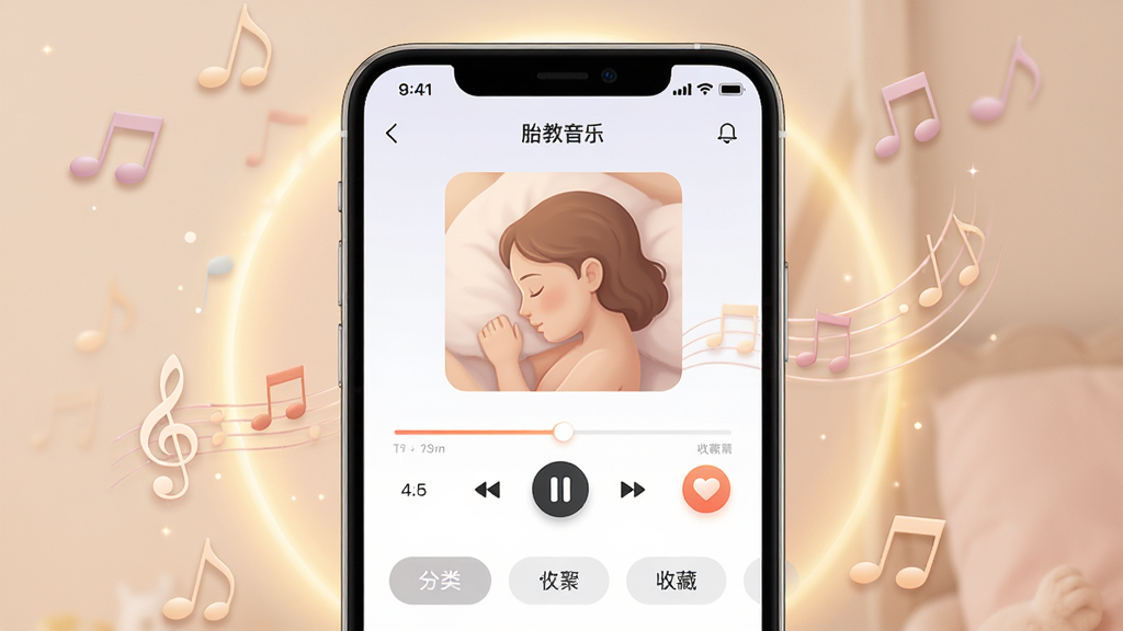 胎教启蒙APP功能展示图,主体为手机界面显示胎教音乐播放页,布局为手机居中,周围有柔和光晕和音符,排版清晰,风格温馨现代,细节包括播放进度条、收藏按钮、分类标签,画质高清,干净,无多余元素