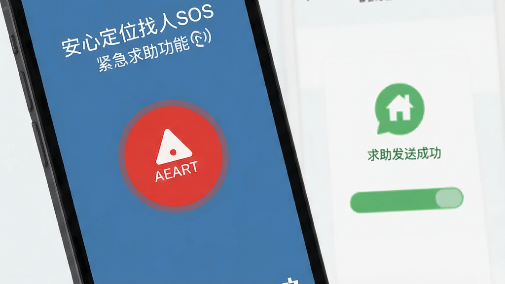 ���Ķ�λ����SOS�����������ܽ��棬��ɫ������ť��Ŀ���ֻ���Ļ��ʾ�������ͳɹ�״̬��������࣬��ƽ��UI��񣬸��廭�ʣ��޶���Ԫ��