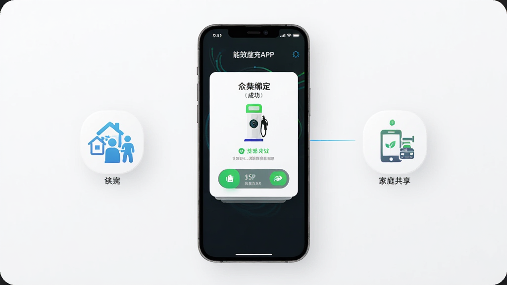 能效充APP界面展示,手机屏幕显示充电桩绑定成功页面,旁边有家庭共享图标,简洁科技风格,干净背景,高画质