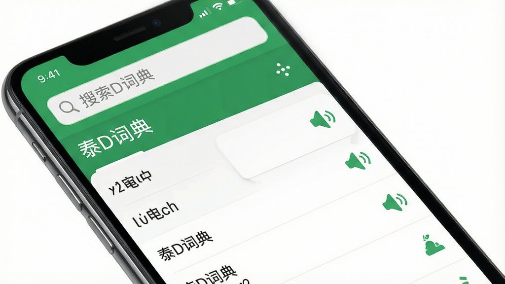 �ֻ���Ļ��ʾ̩D�ʵ�Ӧ�ý��棬��ɫ��Ϊ��ɫ�Ͱ�ɫ�����������������ɼ����·��дʻ��б��ͷ���ͼ�꣬���ּ�࣬��ƽ����Ʒ��ϸ�ھ��£������������ɾ��޶���Ԫ�أ�����������Ϊ��̩D�ʵ䡱