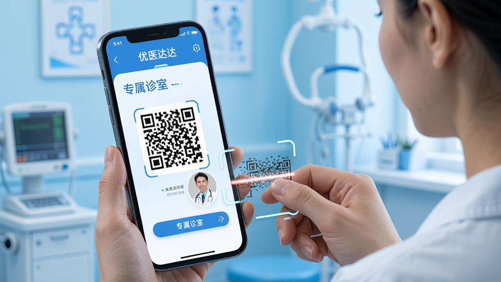 �ֻ���Ļ��ʾ��ҽ��APP��ר�����ҽ��棬һλ�û�����ɨ���ά�룬�����Ǹɾ���ҽ����ɫ�������ּ�࣬�Ű�����������ִ��Ƽ��У�ϸ�ڰ�����ά���ҽ��ͷ�񣬻��ʸ��壬�ɾ����޶���Ԫ��