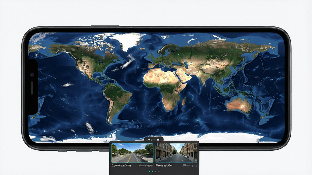 3D卫星高清街景地图 手机屏幕显示世界地图 主体为手机界面 布局居中 排版上下结构 风格写实科技感 细节包含卫星云图与街景缩略图 画质高清 干净 无多余元素