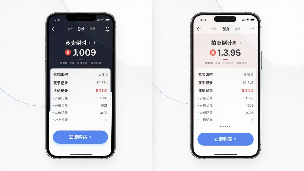 拍手笑app功能展示图,主体为手机界面呈现拍卖倒计时和一口价按钮,布局为左右分屏对比,排版清晰,风格为现代简约,细节包括竞拍出价记录和立即购买按钮,画质高清,干净,无多余元素
