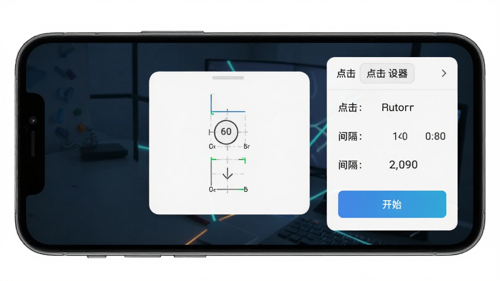 自动连点器点击器软件界面截图,主体为手机屏幕展示悬浮窗和点击设置面板,布局居中,排版清晰,风格科技简约,细节包含点击坐标、间隔毫秒数、开始按钮,画质高清,干净,无多余元素