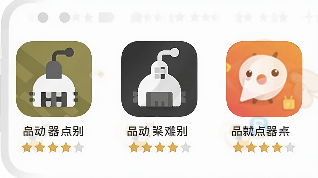 自动连点器点击器与同类工具对比图,主体为手机屏幕并排展示三款应用图标,布局横向排列,排版整齐,风格扁平化,细节包含自动连点器点击器图标和评分星级,画质清晰,干净,无多余元素