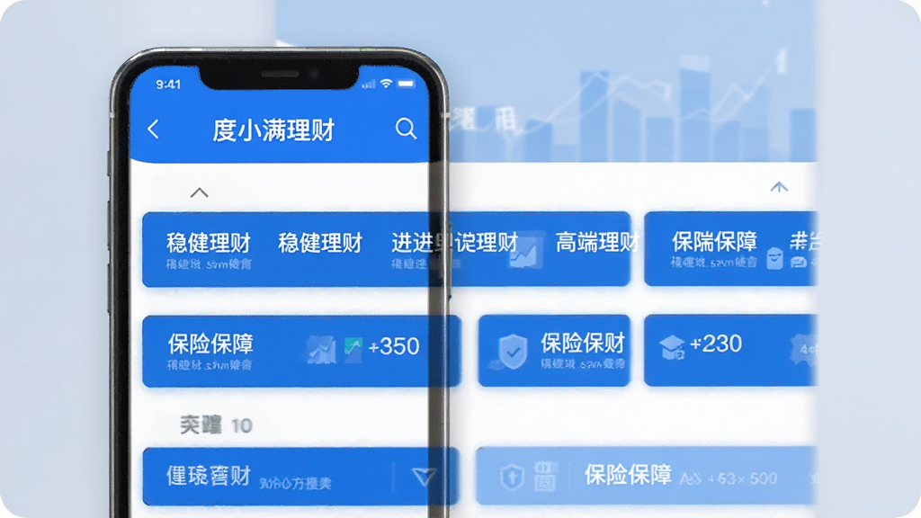 度小满理财 产品页面 手机界面 展示稳健理财 进阶理财 高端理财 保险保障 分类清晰 布局整齐 扁平化设计 蓝色主色调 清晰画质 干净无多余元素