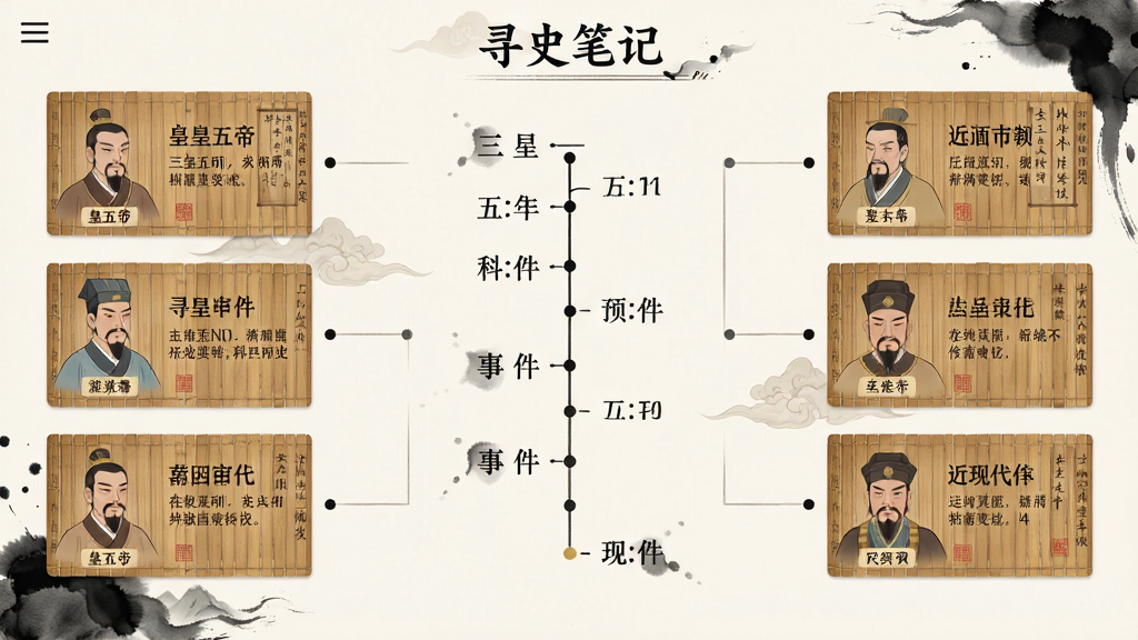 Ѱʷ�ʼ�Ӧ�������棬����Ϊ�л���ʷʱ���ᣬ����ֲ�������������ִ������￨Ƭ���¼��ڵ㣬���������Գƣ��Ű��࣬���Ϊ��ƽ���ŷ�廭��ϸ�ڰ������������ˮī��׺�����ʸ��壬�ɾ����޶���Ԫ��