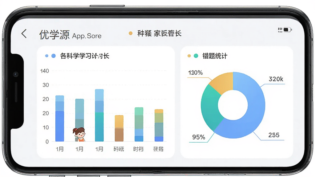 ��ѧ�ɼҳ�����appѧϰ��¼ҳ�棬�ֻ���Ļ��ʾ����ѧϰʱ����״ͼ�ʹ���ͳ�Ʊ�ͼ������Ϊ�ֻ����棬���־��У��Ű�����������Լ�ִ���ϸ�ڰ���ͼ�������֡���Ŀ���ƣ����ʸ��壬�ɾ����޶���Ԫ��
