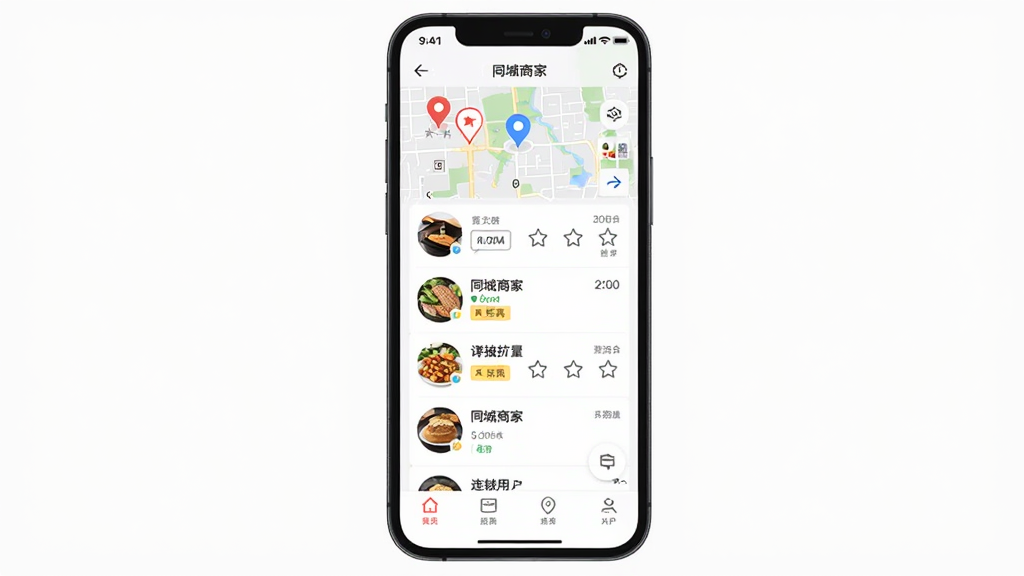 �����̼�APP����չʾ������Ϊһ���ֻ���Ļ����Ļ����ʾͬ���̼��б����ͼ��λ��ǣ�����Ϊ�����ֻ�����ͼ���Ű��࣬���Ϊ�ִ��Ƽ��б�ƽ����ϸ�ڰ����̼�ͷ�񡢾����ǩ������ͼ�꣬���������ɾ��޶���Ԫ��