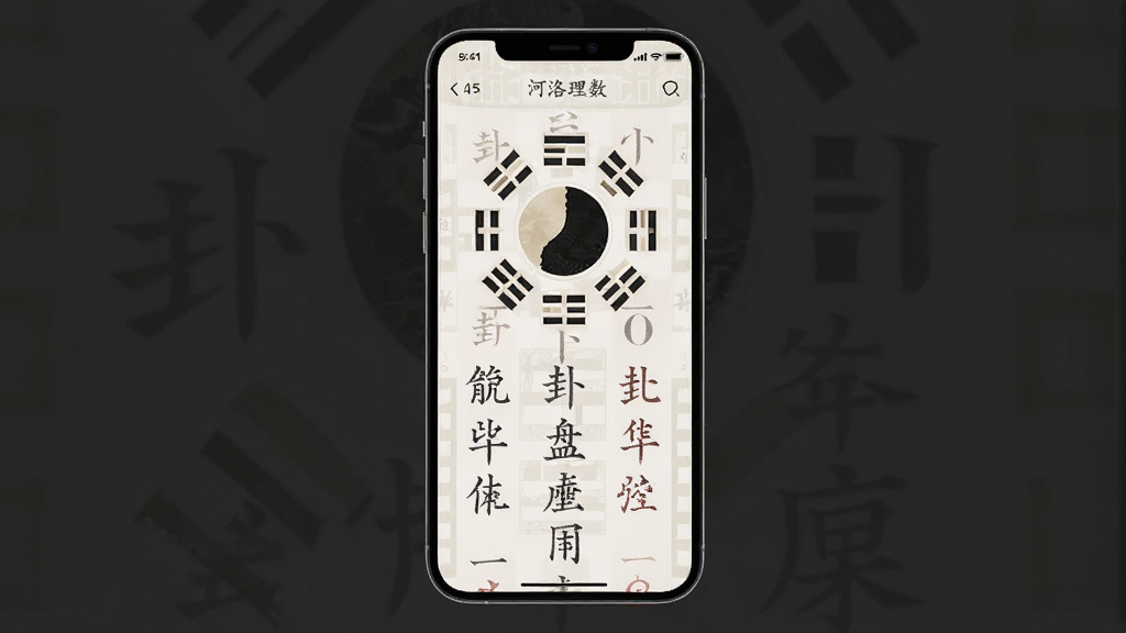 河洛理数 手机应用界面 展示排盘结果和卦象分析 主体为手机屏幕 布局居中 排版清晰 风格简约古典 细节包含八卦符号和文字 画质高清 干净 无多余元素
