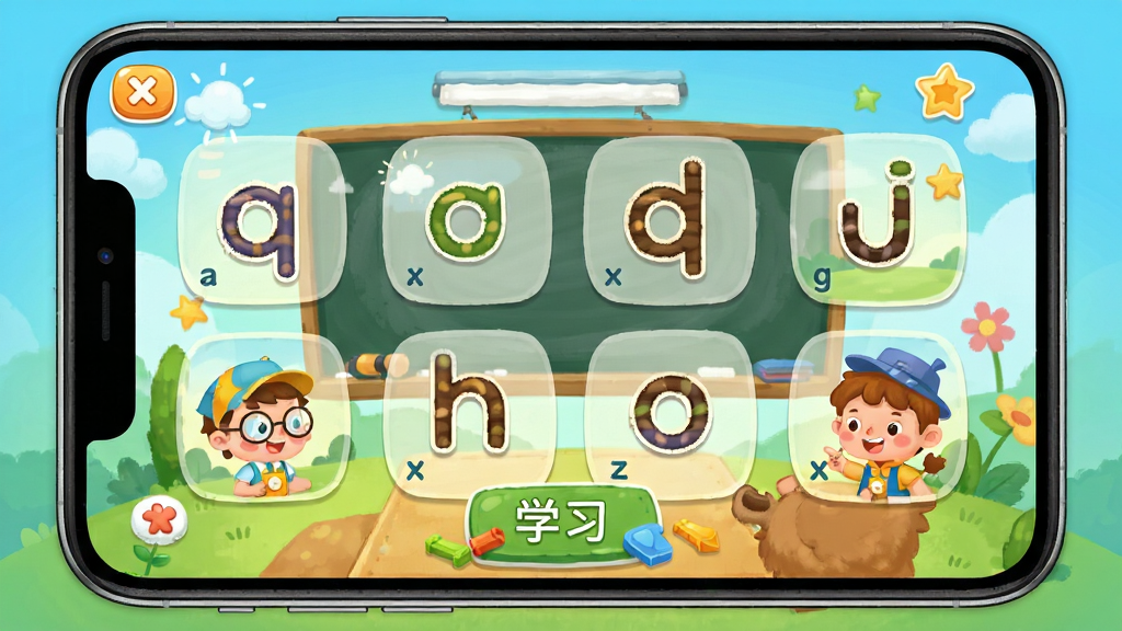 �ε�ѧƴ��APP��ͯ��̽����ƴ��ѧϰ���棬��ͨ�������ɫ�ʣ�չʾƴ����ĸ����³������������������ʸɾ�