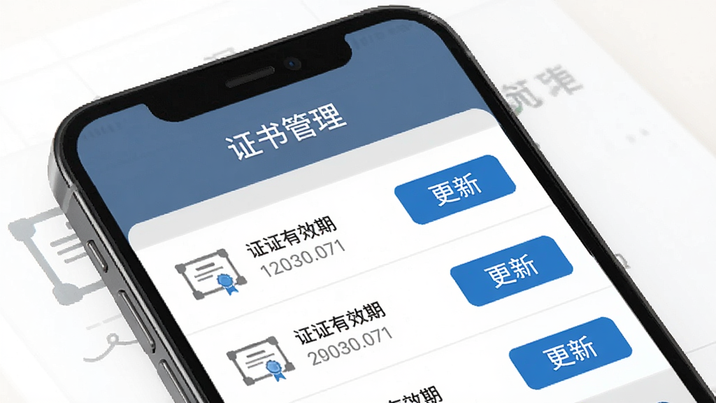 ҽ����֤����½��棬����Ϊ�ֻ���Ļ��ʾ֤�����ҳ�棬����Ϊ���½ṹ���Ϸ����⡰֤����������·��б���ʾ֤����Ч�ں͸��°�ť���Ű����������Ϊ��Լ����磬ϸ�ڰ�����ɫ��ť����ɫ������֤��ͼ�꣬���ʸɾ��޶���Ԫ��
