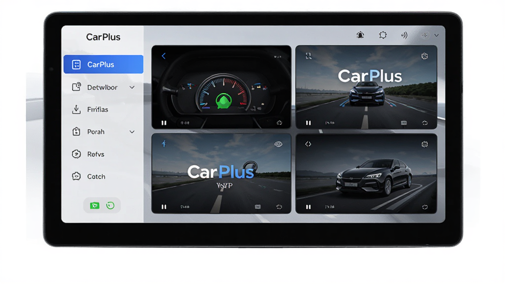 ����ΪCarPlus�������������棬����Ϊ��ർ�����Ҳ�ര��Ͷ��չʾ���Ű������������Ϊ�Ƽ���UI��ƣ�ϸ�ڰ���������Ļ���ֻ�����״̬ͼ�꣬���ʸ���ɾ��޶���Ԫ��