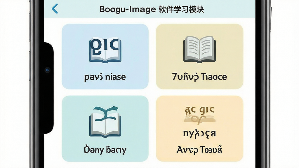 Boogu-Image ����һ��չʾϣ���﷭������ѧϰģ���ͼƬ������Ϊ�ֻ���Ļ����Ļ����ʾ�����ʡ�����ʻ㡢�ճ��Ự����ĸ�����ĸ�ѧϰ��ڣ�����Ϊ2x2�������У��Ű����룬���Ϊ����ǳɫ�����磬ϸ�ڰ���ϣ����ĸ���鱾ͼ�꣬���ʸ��壬�ɾ����޶���Ԫ��