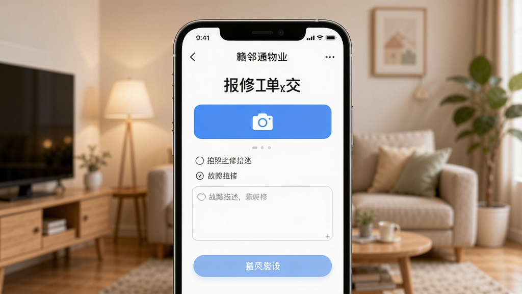 ����ͨ��ҵ APP ���±��޹��ܽ��棬�ֻ���Ļ��ʾ���޹����ύҳ�棬���������ϴ���ť�͹�����������򣬱���Ϊ��ܰ�Ҿӻ���������ͻ�������ֺ������Ű�����������ִ���Լ��ϸ�ھ��£�����ϸ�壬�ɾ��޶���Ԫ�ء�