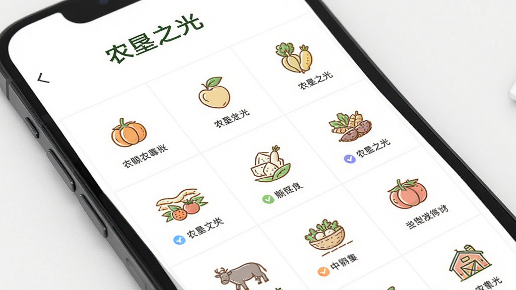 农垦之光商品分类页面,主体为手机屏幕展示多个农产品分类图标,布局为整齐的图标矩阵,排版清晰,风格为简约商务,细节包含“农垦之光”文字与各类农产品简笔画,画质清晰,干净,无多余元素