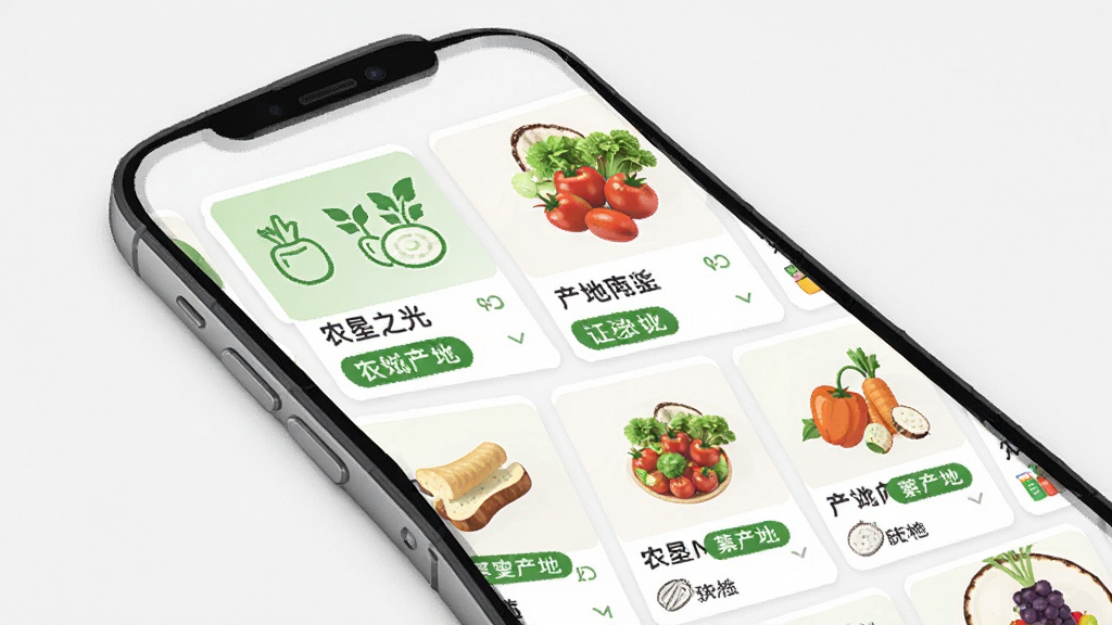 农垦之光应用界面展示,主体为手机屏幕中显示新鲜果蔬商品列表,布局简洁清晰,排版采用网格状商品卡片,风格为现代扁平化设计,细节包含绿色农产品图标与产地标签,画质清晰,干净,无多余元素