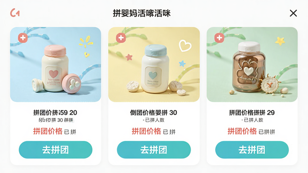 省钱妈咪App拼团活动页面,画面展示三款母婴商品拼团卡片,有倒计时和已拼人数,布局为网格排列,风格活泼清新,细节包括拼团价格和去拼团按钮,画质清晰,干净无多余元素