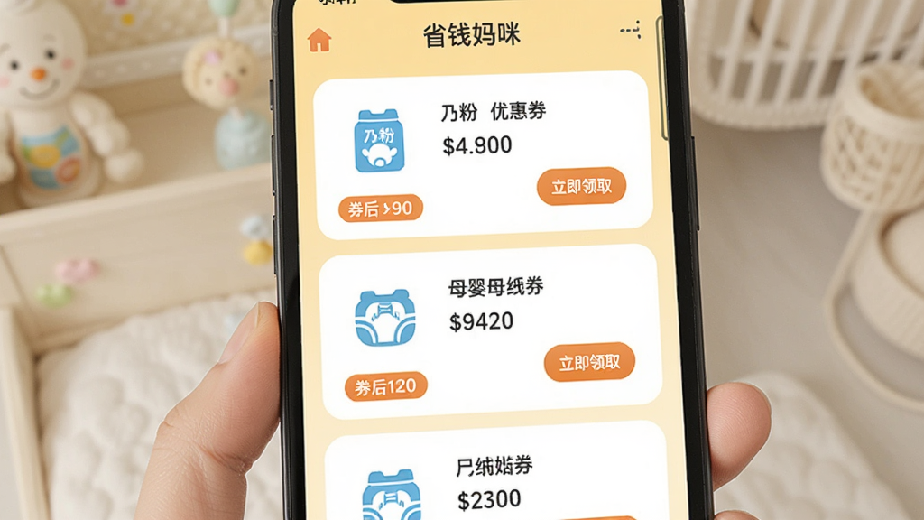 手机屏幕显示省钱妈咪App界面,画面中央是母婴用品优惠券列表,有奶粉和纸尿裤图标,背景是温馨的浅黄色,布局为上下滚动列表,风格简洁现代,细节包括券后价格标签和立即领取按钮,画质清晰,干净无多余元素