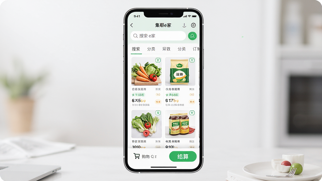 ��Ⱥe��Ӧ�ý���չʾ������Ϊ�ֻ���Ļ�е�ʳ�Ĳɹ��µ�ҳ�棬����Ϊ���½ṹ���Ϸ�����������������в���ʳ����Ʒ�б����·��ǹ��ﳵ����㰴ť���Ű��������������Ϊ��Լ��������࣬ϸ�ڰ��������߲ˡ����Ͱ�װ������״̬��ǩ�����ʸ��壬�ɾ����޶���Ԫ��