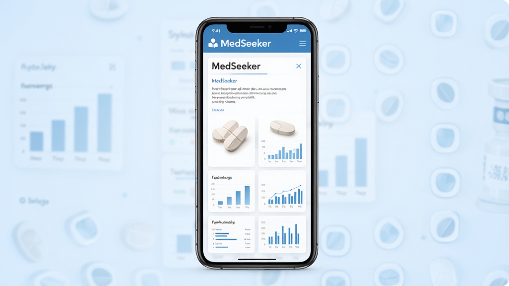 MedSeeker��������չʾҩƷ˵�����ѯҳ�棬�ֻ���Ļ���У�����Ϊ����ɫ���䣬�����������������룬�Ű��࣬���Ƽ�ҽ�ƣ�ϸ�ڰ���ҩƬ������ͼ�������ʸ��壬�ɾ����޶���Ԫ��