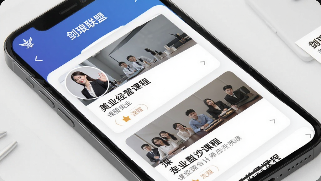 �ֻ���Ļչʾ���������ˡ�APP����ҵ��Ӫ�γ��б�ҳ�棬����Ϊ�ֻ�����Ϳγ̿�Ƭ�������������У������������ϸ�ڰ�����ʦͷ��Ϳγ̱��⣬�����������ɾ����޶���Ԫ��