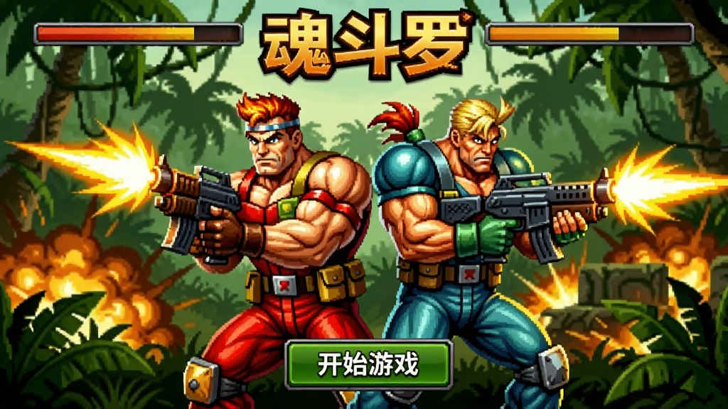 魂斗罗:归来游戏主界面截图,画面中央展示经典英雄比尔与兰斯并肩射击,背景为丛林战场,下方有开始游戏按钮,整体风格热血硬核,画质清晰,干净无多余元素