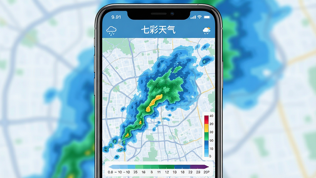 手机屏幕显示七彩天气APP的分钟级降水地图界面,蓝色和绿色雷达回波覆盖城市地图,界面顶部有“七彩天气”文字标识,布局居中,风格为现代科技感扁平化设计,细节包含降雨量色阶图例,画质清晰干净,无多余元素