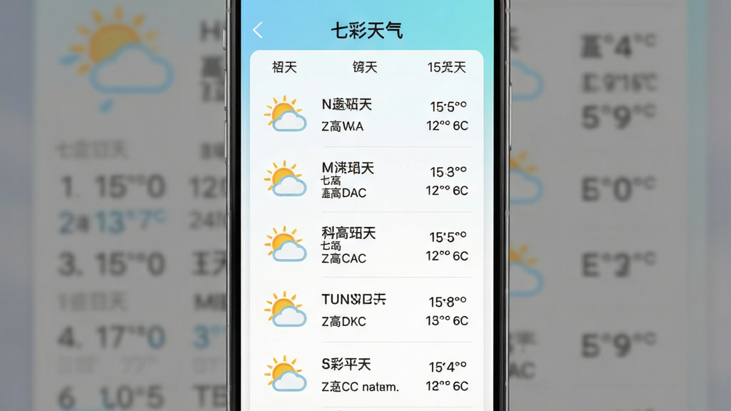 七彩天气APP的15天天气预报列表截图,垂直列表展示每日天气图标、最高最低温度,顶部有“七彩天气”标题,布局为上下结构,风格清新浅色,细节包含日期和天气状况文字,画质清晰干净,无多余元素