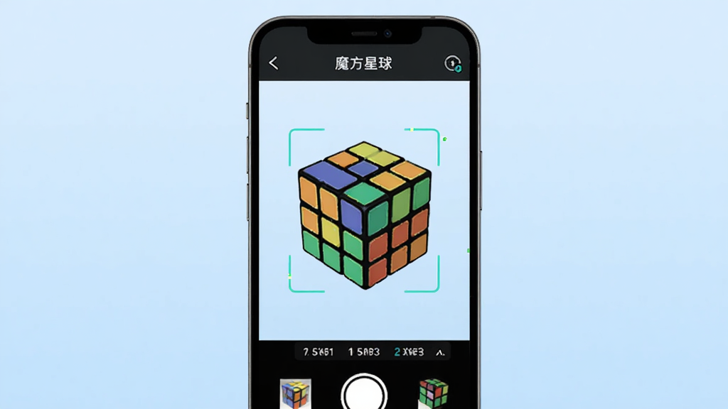 软件名称魔方星球,主体为一部智能手机屏幕显示魔方星球APP的拍照复原界面,布局为手机居中摆放,背景为干净的浅蓝色渐变,排版简洁,风格科技现代,细节包含魔方图案、识别框、步骤提示数字,画质高清,干净,无多余元素