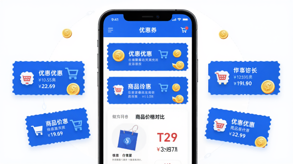 ��ʡ�Żݶ����������չʾ������Ϊ�ֻ���Ļ�г����Ż�ȯ�б�����Ʒ�۸�Աȣ�����Ϊ�����ֻ�ģ�ͼ����������Ż�ȯͼ�꣬�Ű������ˣ����Ϊ��ƽ���Ƽ��У�ϸ�ڰ�����ɫ��ɫ�������Ԫ�ء����ﳵͼ�꣬���ʸ���ɾ��޶���Ԫ��