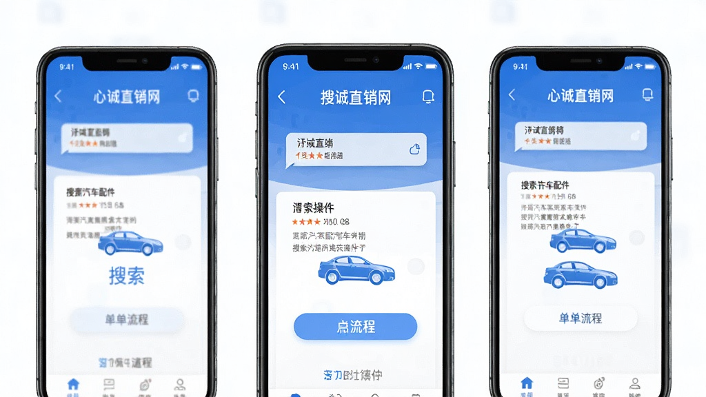 心诚直销网 手机App 操作界面 搜索汽车配件 下单流程 简洁明了 蓝色调 干净 无多余元素 高清画质