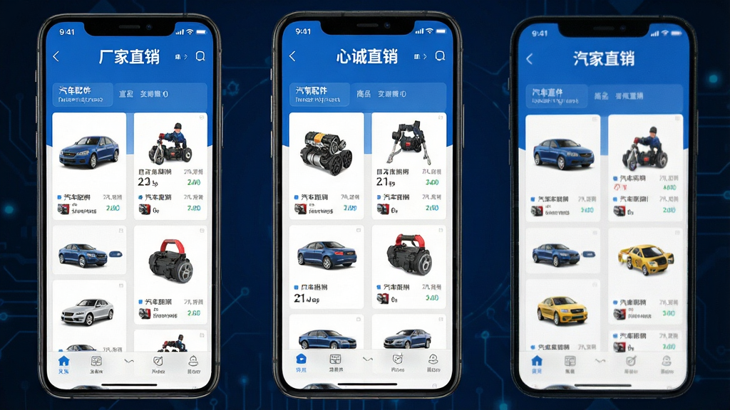 心诚直销网 汽车配件 厂家直销 手机App界面展示 商品列表 排版清晰 蓝色科技风格 干净 无多余元素 高清画质