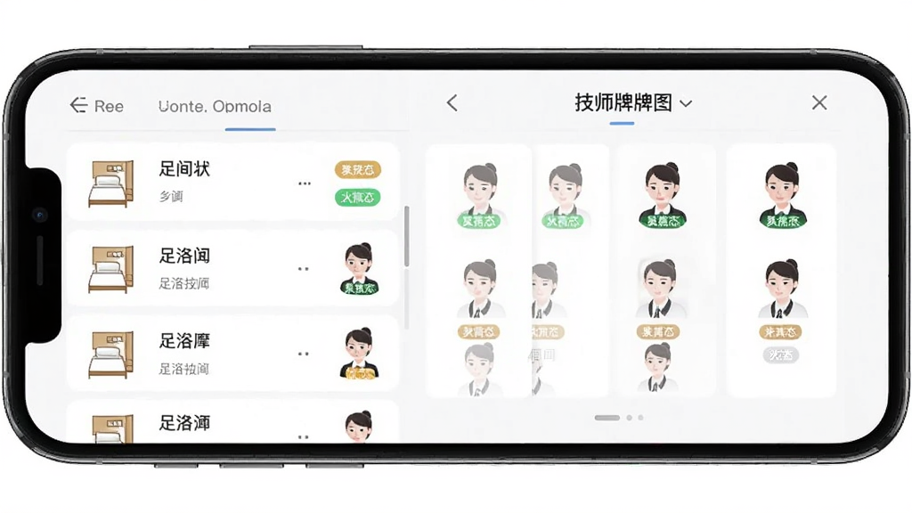 Ħ����������չʾ������Ϊ��ԡ��Ħ��¥�����APP���ֻ���Ļ������Ϊ���ҷ����������ʾ����״̬�б����Ҳ���ʾ��ʦ��λͼ���Ű����������Ϊ��Լ����ϸ�ڰ�������ͼ�ꡢ��ʦͷ��״̬��ǩ�����ʸ��壬�ɾ����޶���Ԫ��