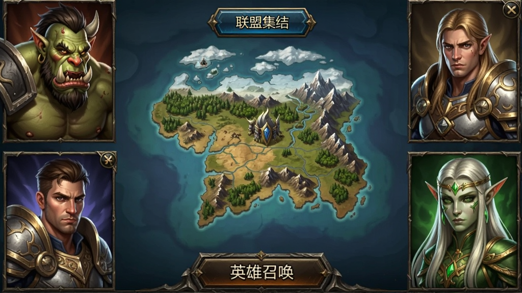 万龙觉醒游戏主界面截图,画面中央是塔梅里斯大陆地图,四周环绕兽人、人类、精灵三大种族英雄立绘,上方显示联盟集结按钮,下方有英雄召唤入口,整体风格为魔幻写实,色彩浓郁,画质高清,干净无多余元素