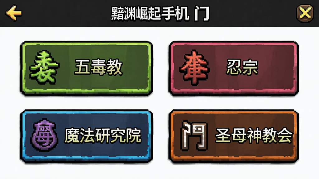 黯渊崛起手机版门派系统界面,展示五毒教、忍宗、魔法研究院、圣母神教会四个门派选项,像素风格UI设计,色彩鲜明,布局清晰,高清画质,干净无多余元素