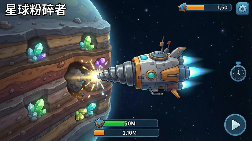 手机游戏截图,画面展示一艘太空采矿飞船正在向星球内部钻探,周围是分层岩层与发光矿石,主体居中,布局为竖屏手游界面,排版简洁,风格为科幻卡通,细节包括钻头特效、资源计数条、时间倒计时,画质清晰干净,无多余元素,画面中带文字“星球粉碎者”