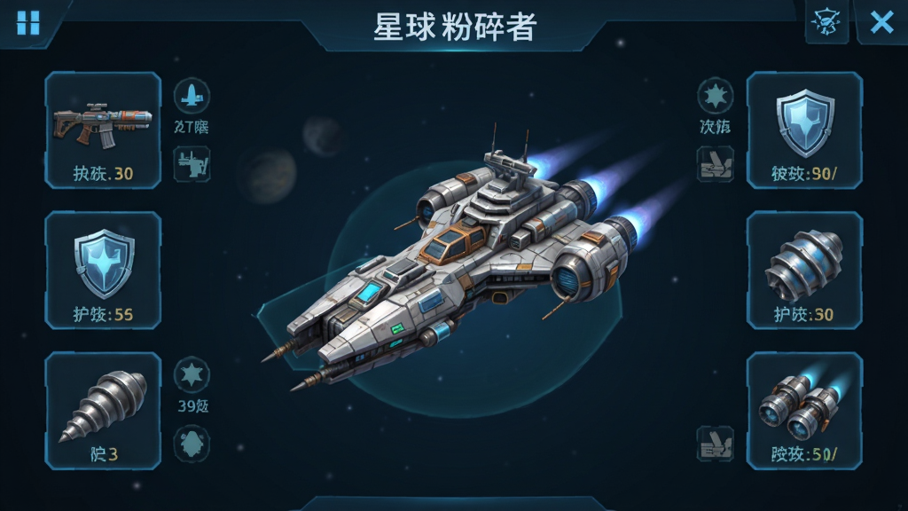 手机游戏界面,展示飞船升级改装页面,主体是一艘可自定义的太空战舰,布局为中央飞船加四周升级槽位,排版清晰,风格为科幻UI,细节包括武器、护盾、钻头、推进器图标与数值,画质干净,无多余元素,画面中带文字“星球粉碎者”