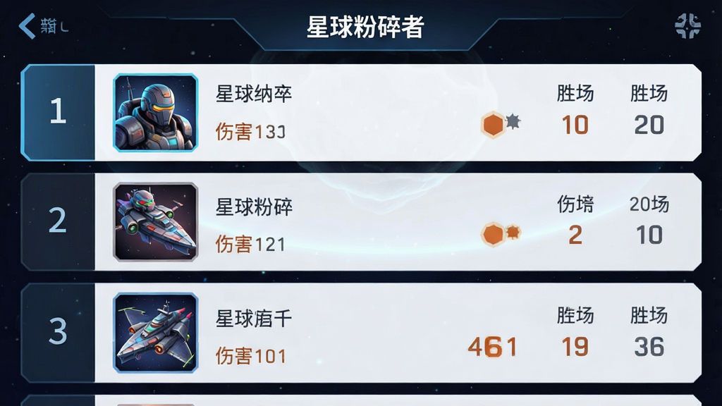手机游戏全球排行榜界面,主体为排行榜列表与玩家战舰头像,布局为竖屏列表,排版简洁,风格为科幻竞技,细节包括排名数字、玩家名称、伤害与胜场数据,画质干净,无多余元素,画面中带文字“星球粉碎者”