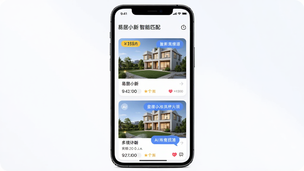 �׾�С��App����չʾ������Ϊ�ֻ���Ļ��AI����������ƥ�䷿Դ�б�������Ϊ�����ֻ�չʾ���Ű��࣬���Ϊ�Ƽ�����磬ϸ�ڰ�����Դ��Ƭ���۸��ǩ��AI�Ի����ݣ����������ɾ��޶���Ԫ��