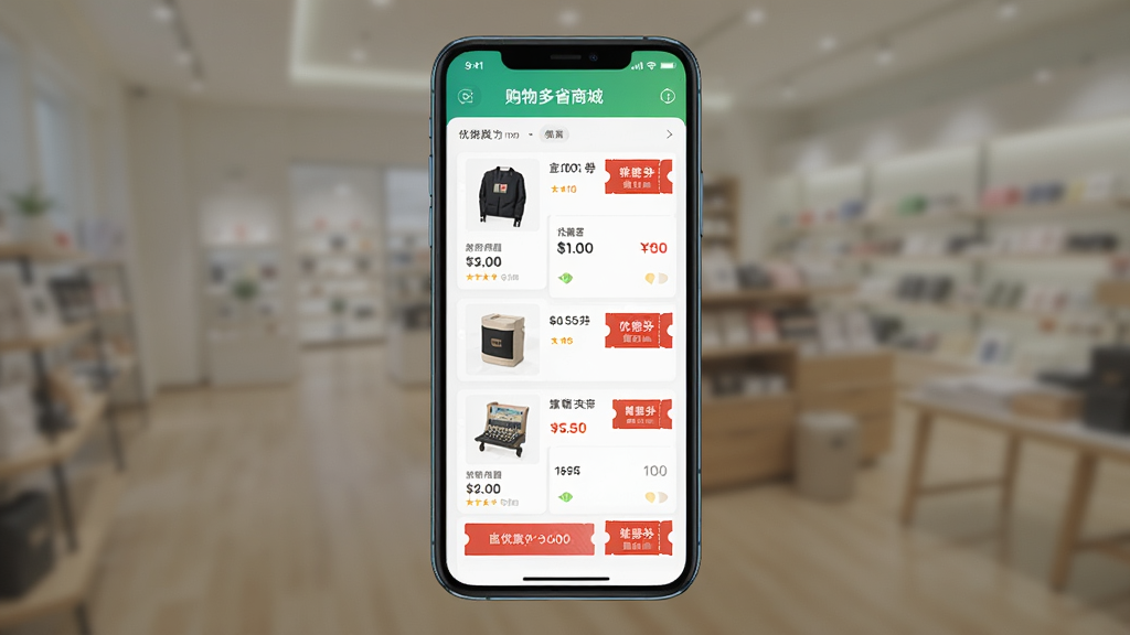 �����ʡ�̳�APP����չʾ���ֻ���Ļ����ʾ��Ʒ�б����Ż�ȯ��ȡҳ�棬����Ϊһ�������ֻ������־��У��Ű�����������ִ���Լ��ϸ�ڰ�����ƷͼƬ���۸��ǩ���ɫ�Ż�ȯͼ�꣬���ʸ��壬�ɾ����޶���Ԫ��