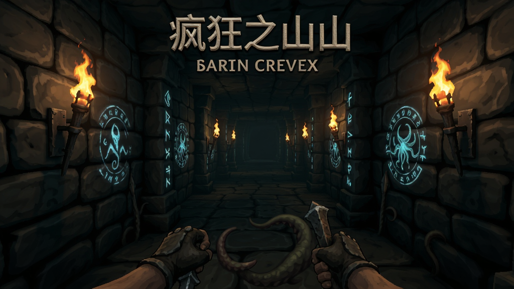 疯狂之山游戏主界面预览图,第一人称视角,幽暗地下城走廊,石壁火把,神秘符号,暗黑洛夫克拉夫特风格,主体居中,布局清晰,排版干净,细节丰富,画质高清,无多余元素