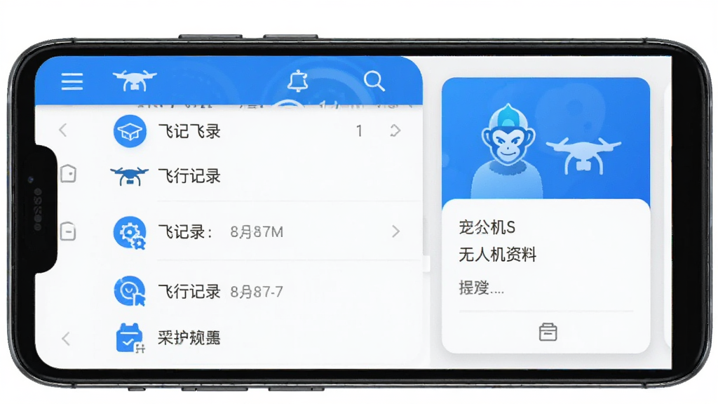 悟空云软件界面展示,主体为一部安卓手机屏幕,布局居中,屏幕内显示飞行记录列表和无人机资料卡片,排版整洁,风格为现代科技感,细节包括蓝色主色调图标和清晰文字排版,画质清晰,干净,无多余元素