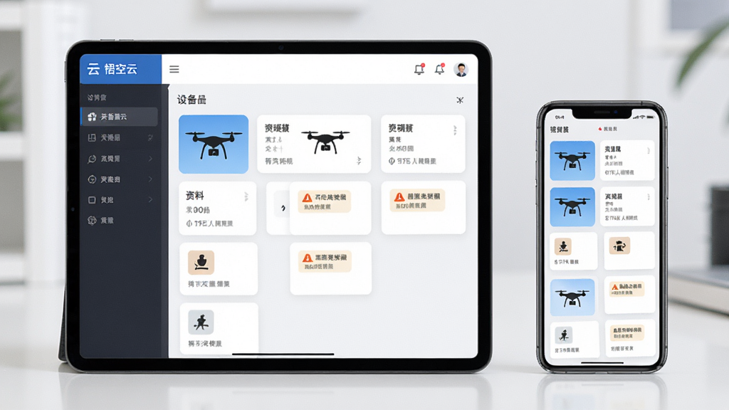 悟空云无人机资料管理场景,主体为平板电脑和手机同时展示设备列表,布局为左右分屏,排版清晰,风格为简约商务,细节包括无人机图标、资料卡片和提醒标签,画质清晰,干净,无多余元素