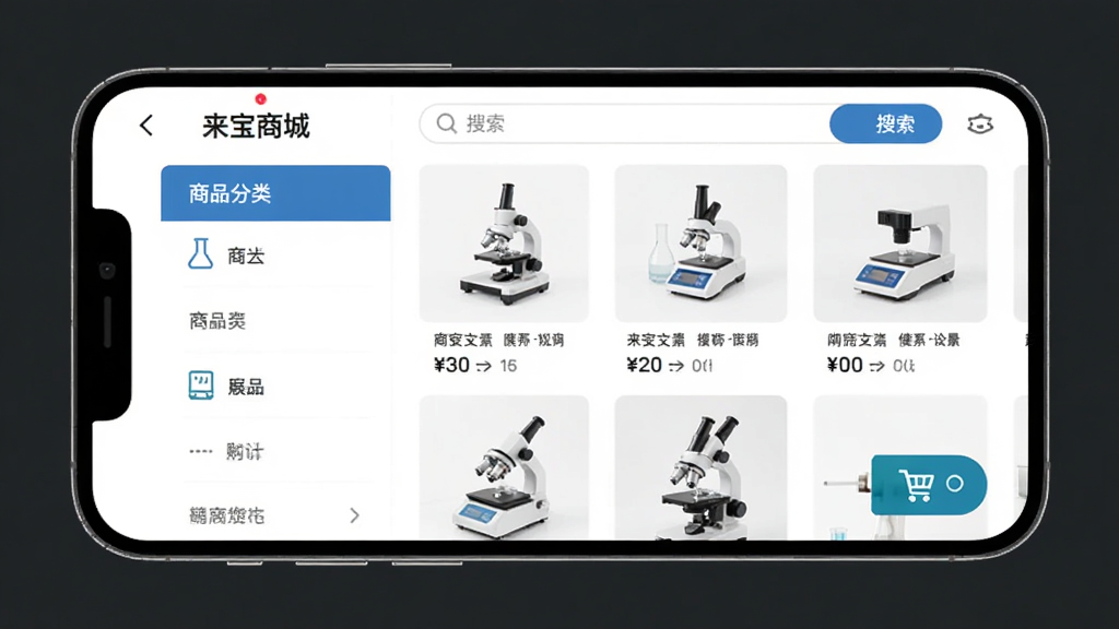 来宝商城App界面展示,主体为手机屏幕显示来宝商城购物页面,布局为左侧商品分类栏与右侧商品列表,排版整齐清晰,风格为现代简约商务风,细节包括实验室仪器图标、医疗器械图片、搜索框和购物车按钮,画质高清,干净,无多余元素