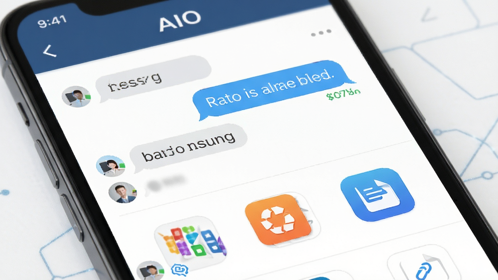 AIO软件办公通讯界面展示,主体为手机屏幕显示聊天列表与办公应用图标,布局居中,排版简洁,风格商务科技,细节包含消息气泡、文件图标、系统链接标识,画质高清,干净,无多余元素