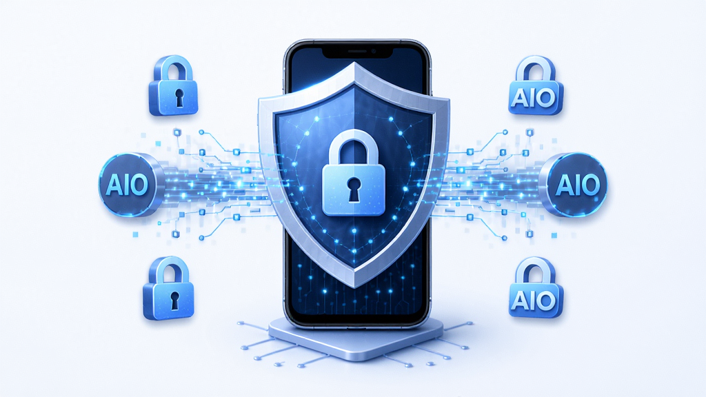 AIO软件安全通讯概念图,主体为盾牌与数据流环绕手机,布局对称,排版大气,风格科技安全,细节包含锁形图标、加密数据线条、AIO标识,画质清晰,干净,无多余元素