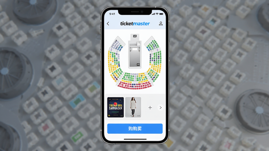 Ticketmaster�ٷ����ֻ���Ʊ���棬����Ϊ�ֻ���Ļչʾ�ݳ�����λѡ��ҳ�棬����Ϊ����չʾ���Ű��࣬����ִ��Ƽ��У�ϸ�ڰ�����ɫ��λ�ֲ�ͼ�����������ͼ���ײ���Ʊ��ť�������������ɾ����޶���Ԫ��